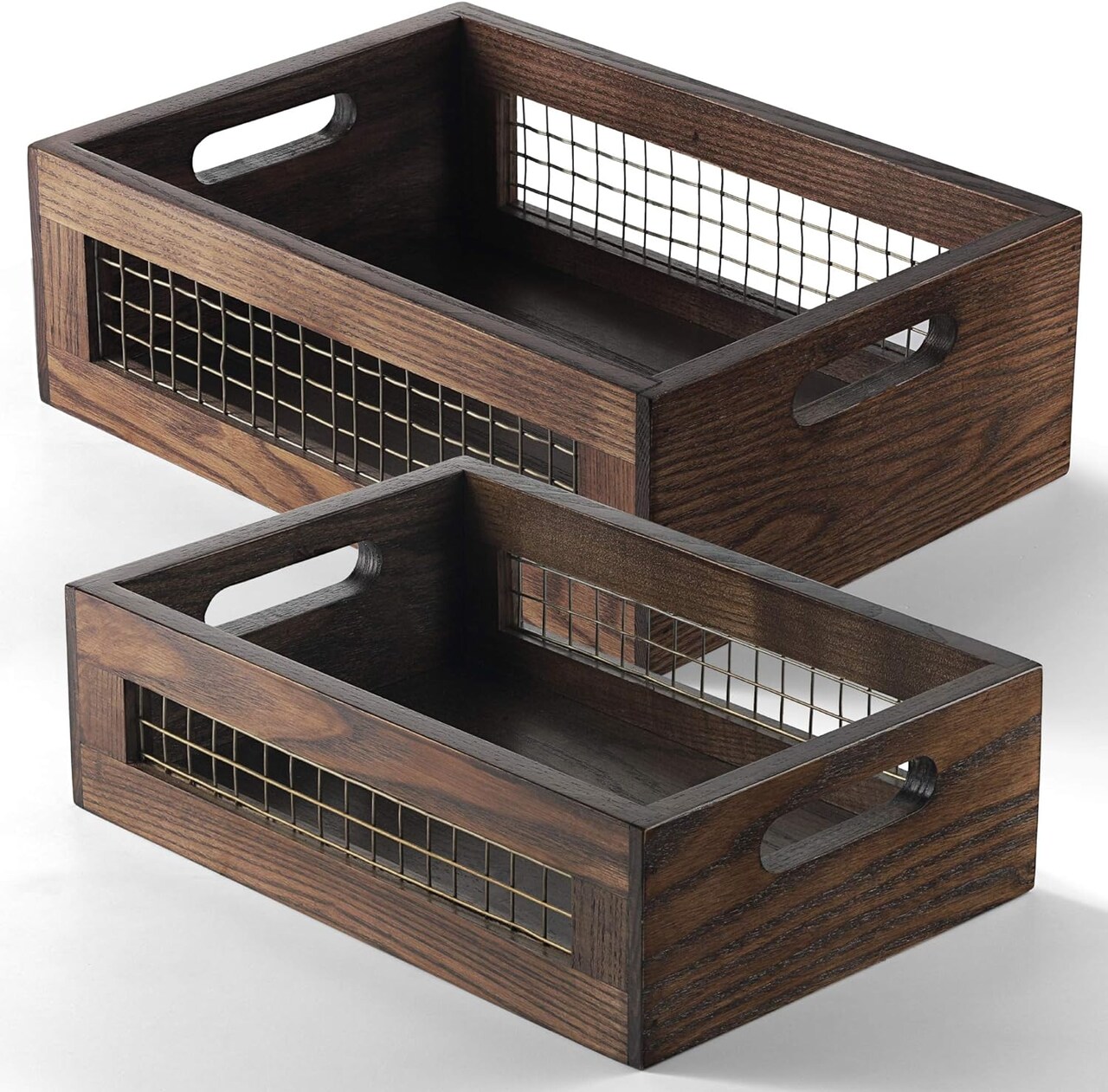 Wooden Countertop Baskets Set of 2 for Kitchen, Bathroom, Pantry|Wall Mount Upgrade with Full Accessories| Rustic Nesting Boxes|Wooden Organizer Crates for Fruit, Vegetables, Produce, Bread